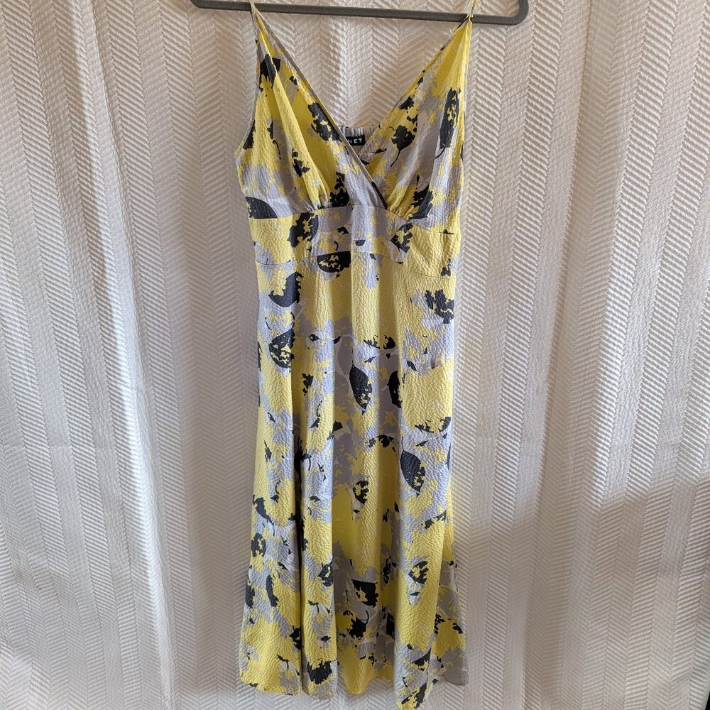 Planet By Lauren G Midi Slip Dress 100% Silk Size 6 Yellow Gray Wedding Guest